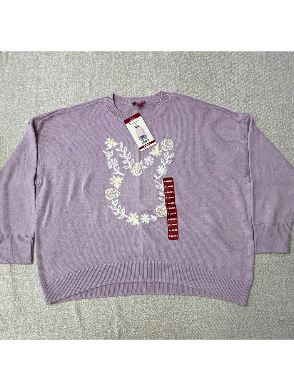 Vince Camuto Women’s Knit Easter Sweater Bunny Lilac Floral Size XL